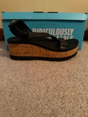 Reef Black Platform Cork-Style Wedge Sandal